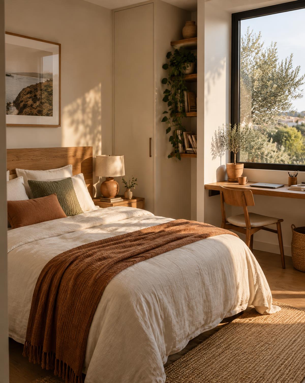 Private room in an Arden co-living residence with warm timber, linen and a study desk